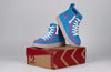 Billy Blue/Pink Speckle Classic Lace High Tops for kids with easy on and off zipper feature, displayed on a shoebox.