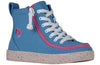 Blue and pink speckle BILLY Classic Lace High Tops with zipper, featuring easy on and off design for kids&#39; fashion and function.