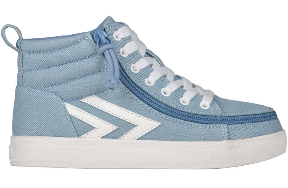 Denim/White BILLY CS 1.0 Sneaker High Tops with laces and zipper for kids, offering easy on/off and stylish nostalgia.