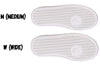 Sneaker sole comparison showing medium (M) and wide (W) widths for Billy Pink Watercolor sneakers for kids.