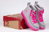 Grey/Pink BILLY Classic Lace High Tops for kids with pink laces and translucent outsole, ideal for wide feet and orthotics use.