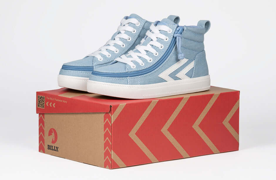 Billy Denim/White BILLY CS 1.0 Sneaker High Tops on box, kids shoes with laces and zipper for easy on and off