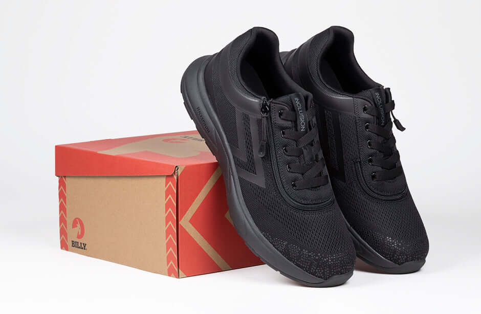 BILLY Men's Black Sport Inclusion Sneakers with orthopedic support, AFO-compatible, and easy-entry zipper displayed with box.