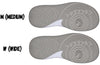 Bottom view of two sneaker soles, labeled Medium and Wide, showcasing distinct tread patterns for Billy Sport Court Athletic Sneakers.