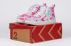 Billy Pink Watercolor High Top Sneakers with laces and zipper for easy on and off, kids&#39; shoes on display box.
