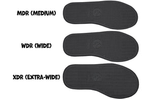 Three shoe sole sizes: MDR (Medium), WDR (Wide), and XDR (Extra-Wide) for the BILLY D|R II series.