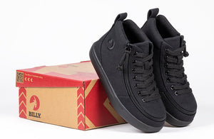 Black BILLY Classic D|R II High Tops with zipper, ideal for diabetes, plantar fasciitis, bunions, and wheelchair use, on a shoe box.