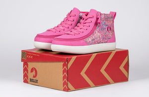 Fuchsia Snake BILLY Classic D|R II High Tops on shoebox; accessible shoes for diabetes, plantar fasciitis, bunions, and wide feet
