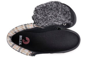 Top view of Black BILLY Cuffs shoe with faux fur and flannel cuff, designed for wide feet, plantar fasciitis, and orthotic use.