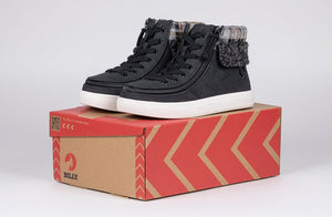 Black BILLY Cuffs high tops for kids on box, suitable for diabetes, plantar fasciitis, bunions, wide and extra wide feet, orthotics.