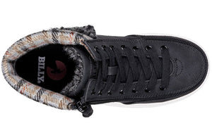 Black BILLY Cuffs high top shoe with flannel and faux fur, suitable for diabetes, plantar fasciitis, and wide feet support.