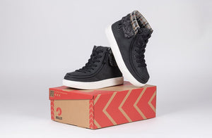Black BILLY Cuffs high top shoes with flannel and faux fur cuff, ideal for diabetes, plantar fasciitis, bunions, and orthotics.