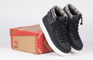 Black BILLY Cuffs high top shoes with flannel and faux fur cuffs, ideal for diabetes, plantar fasciitis, bunions, orthotics, and more.