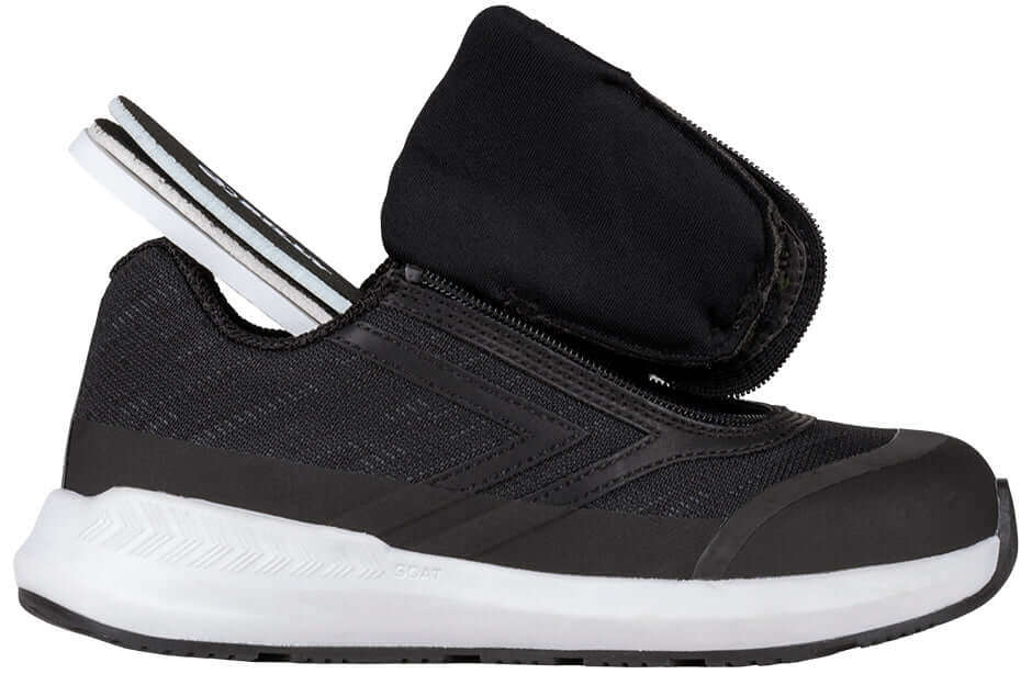Black BILLY Goat AFO-Ready shoes with orthopedic zipper, designed for men with AFOs, offering wide-width support and easy entry.