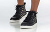 Black Daisy BILLY Classic Lace High Tops with daisies on kids&#39; feet, featuring easy on-off zipper and custom-fit laces for toddlers and big kids.