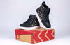 Black Daisy BILLY Classic Lace High Tops for kids, with laces and zipper, easy on and off features, on a display box.