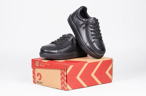 Black leather BILLY shoes on box, ideal for diabetes, plantar fasciitis, bunions, wide feet, orthotics, and wheelchair use.
