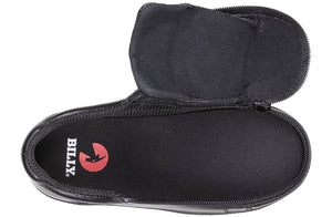 BILLY Footwear black leather shoe with open zipper, suitable for diabetes, plantar fasciitis, bunions, and orthotics.