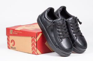 Black leather BILLY shoes with innovative zipper, ideal for diabetes, plantar fasciitis, bunions, and wide feet, on a stylish box.