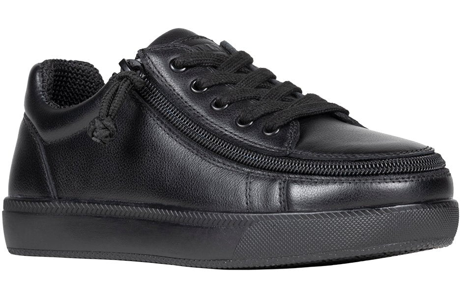 Black leather shoe with innovative zipper for easy access, suitable for diabetes, plantar fasciitis, bunions, wide and extra wide feet, orthotics.