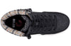 Top view of Black BILLY Cuffs with faux fur cuff, suede upper, and adjustable laces, featuring easy on/off zipper for kids.
