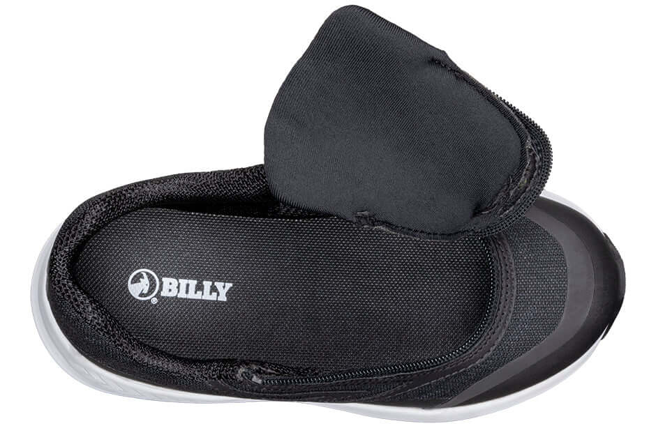 Top view of Black BILLY Goat AFO-Friendly shoe showing orthopedic zipper and removable insoles for custom fit.