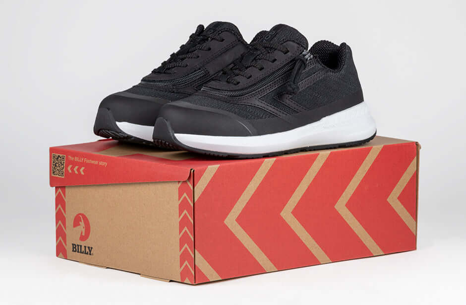 Black BILLY Goat CPMA Certified AFO-Ready Shoes on Box for Men, Wide Width, Orthopedic, Ankle Support, Easy Zipper Entry.