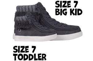 Charcoal Grey BILLY Cuffs high top shoes with flannel and faux suede, featuring laces and wraparound zipper, size 7 for kids.