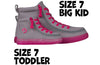 Grey/Pink BILLY Classic Lace High Tops for kids, size 7 toddler and big kid, suitable for diabetes, plantar fasciitis, and orthotics.