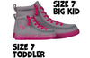 Grey/Pink BILLY Classic Lace High Tops for kids, size 7 toddler and big kid, suitable for diabetes, plantar fasciitis, and orthotics.