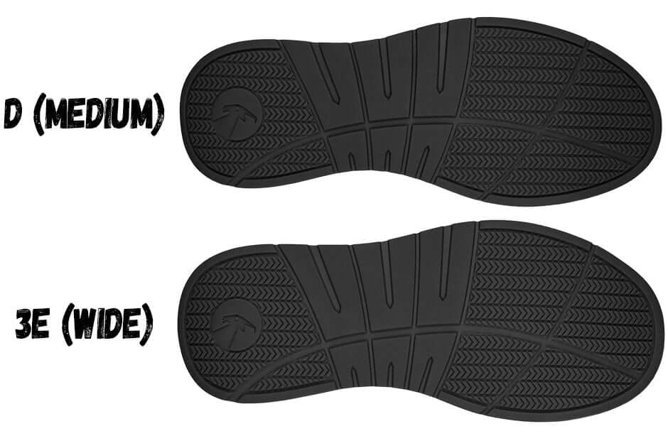 BILLY Work Comfort Low men's adaptive slip resistant work shoes outsole comparison showing D medium and 3E wide fit options