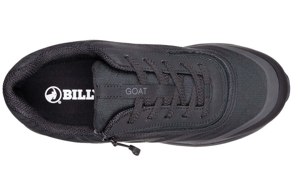 Top view of Black BILLY Goat men's AFO-ready shoes with side zipper open, ideal for orthopedic use and easier access