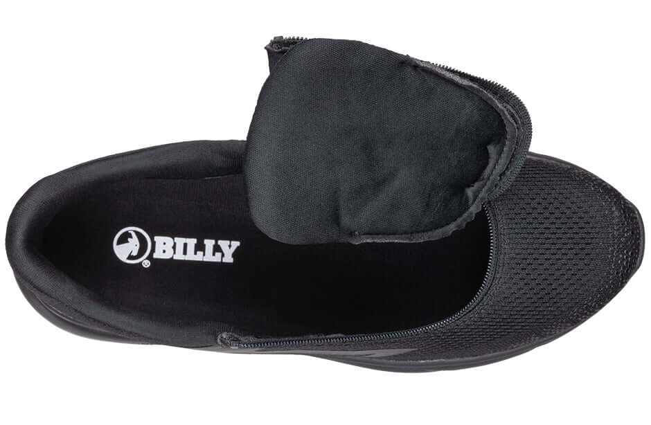 Black BILLY Sport Inclusion adaptive athletic sneakers open top view showing side zipper and padded collar, ideal for diabetic feet
