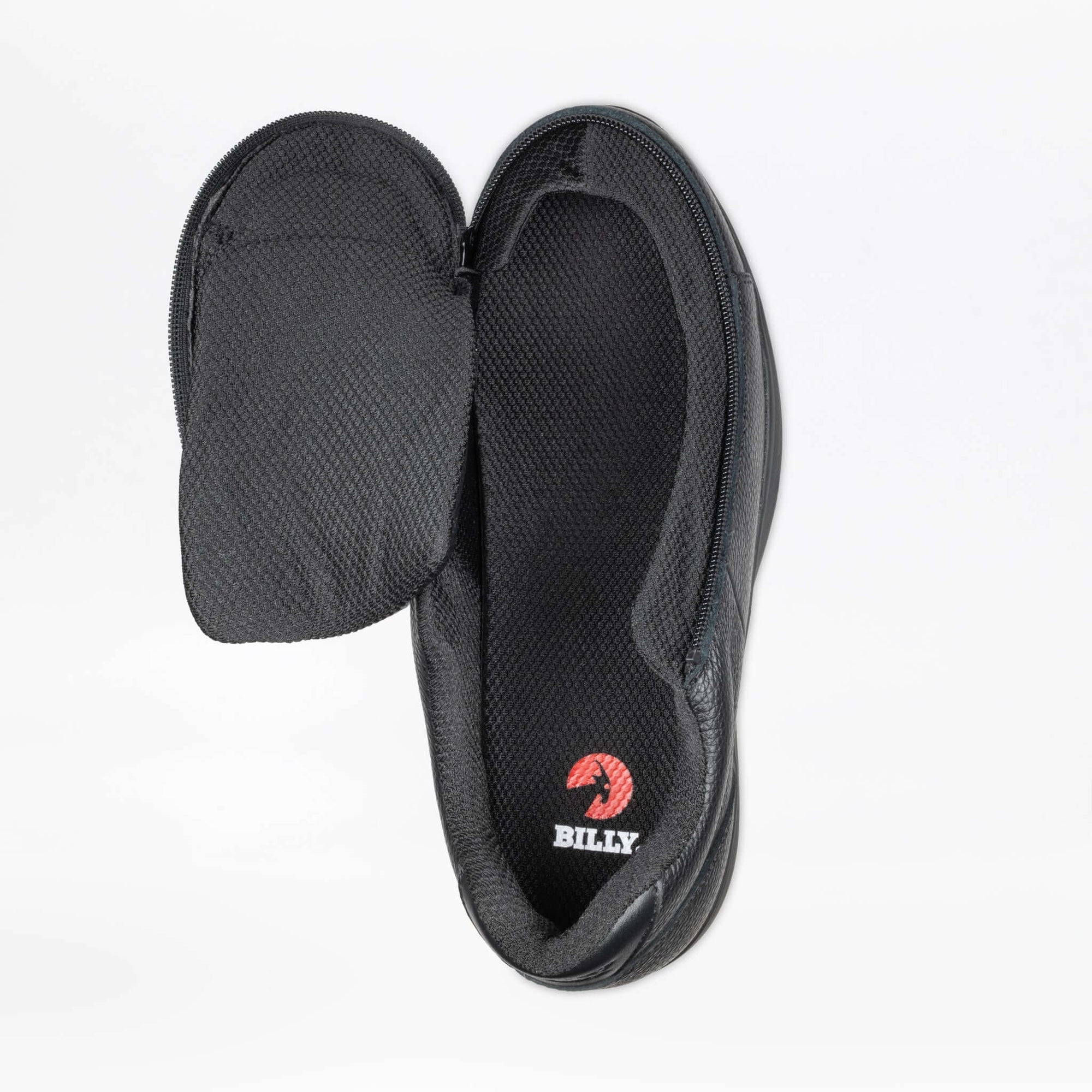 BILLY Comfort Plush men's black leather comfort shoes opened flat via side zipper, ideal for diabetic feet and arthritis
