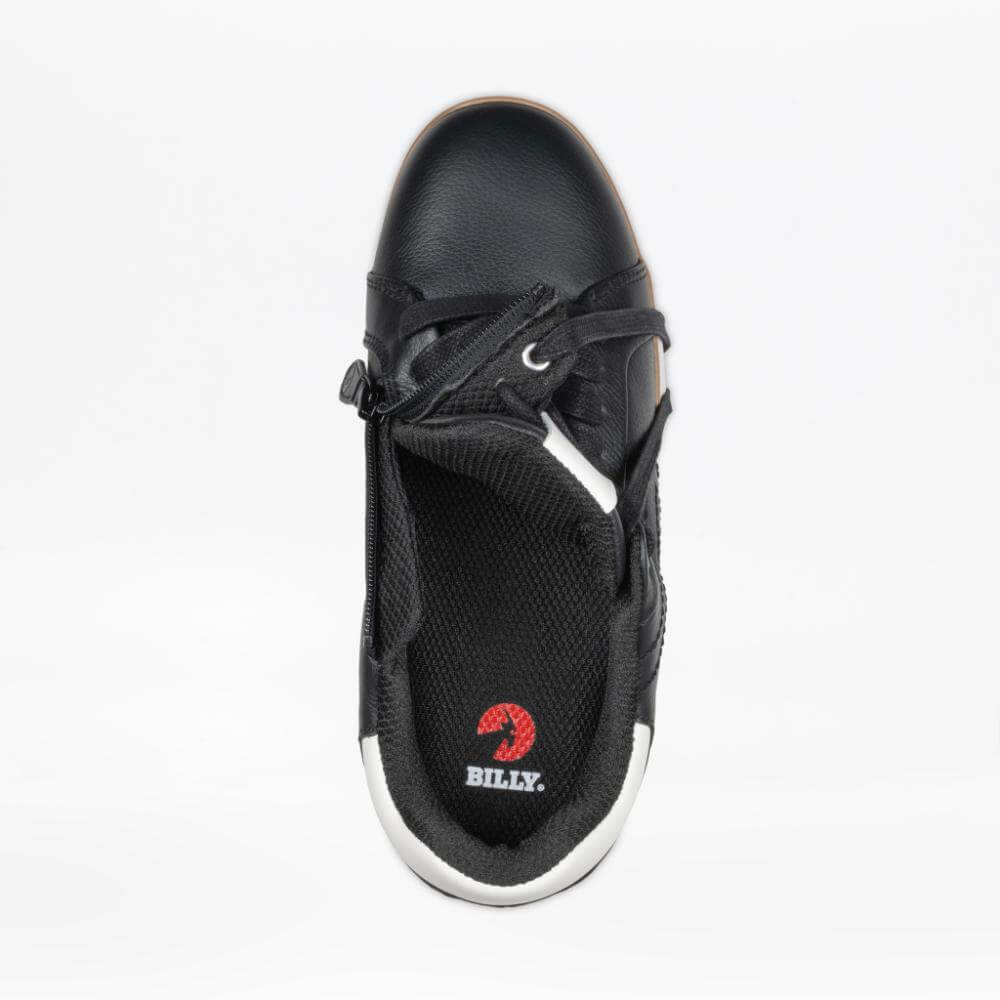 Top view of BILLY Comfort Luxe men's black leather comfort dress sneaker with side zipper open, ideal for arthritis and easier access