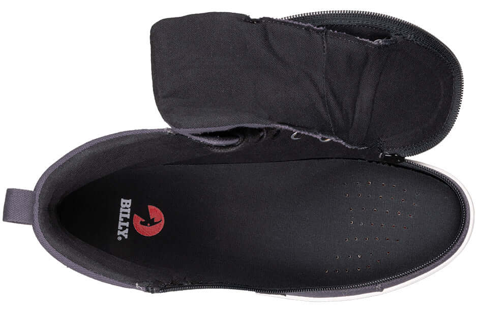 Charcoal/Black BILLY CS 2.0 high tops men's adaptive shoes with side zipper open, ideal for diabetic feet and arthritis