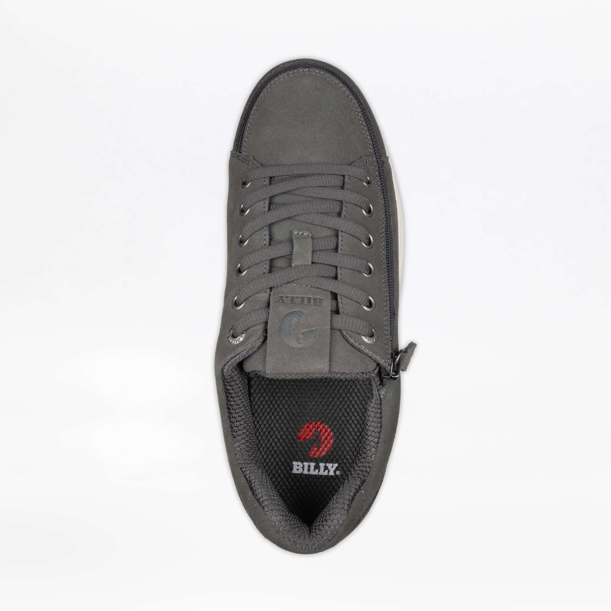 Top view of charcoal BILLY men's suede comfort plush shoes with side zipper and cushioned insole, ideal for diabetic feet and arthritis