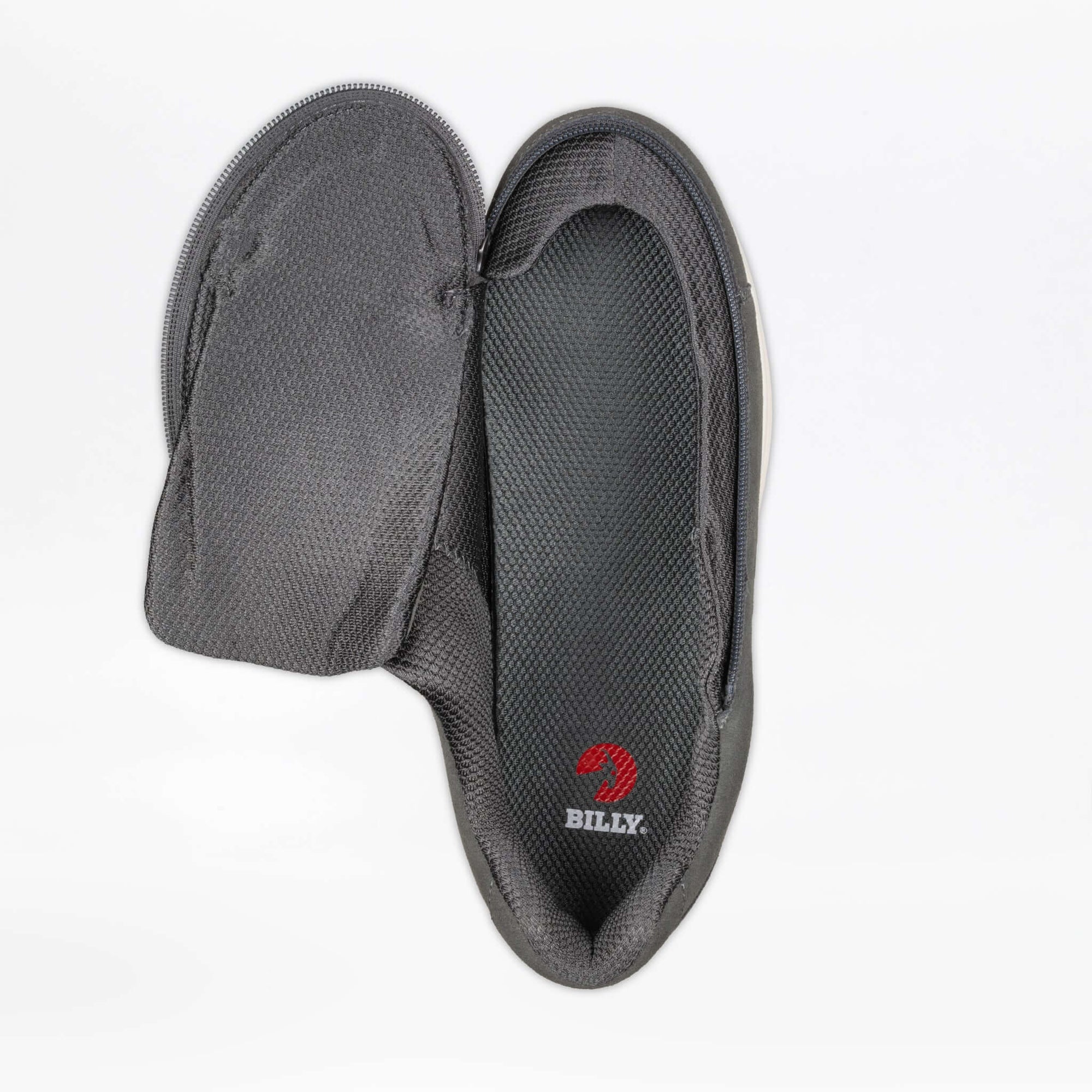 Charcoal BILLY men's suede comfort plush shoes opened flat via side zipper, ideal for diabetic feet and easier access