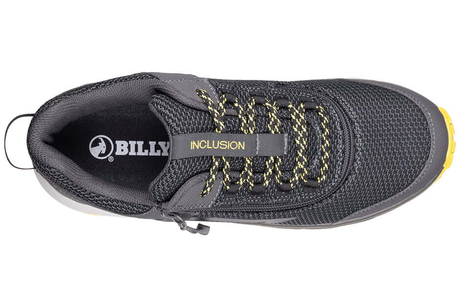 Top view of charcoal/yellow BILLY Inclusion Trail Sneakers men's orthopedic shoe with side zipper, ideal for wide feet and arthritis