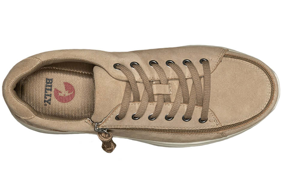 Top view of tan BILLY Comfort Low men's adaptive suede comfort shoes with side zipper, ideal for arthritis and easier access