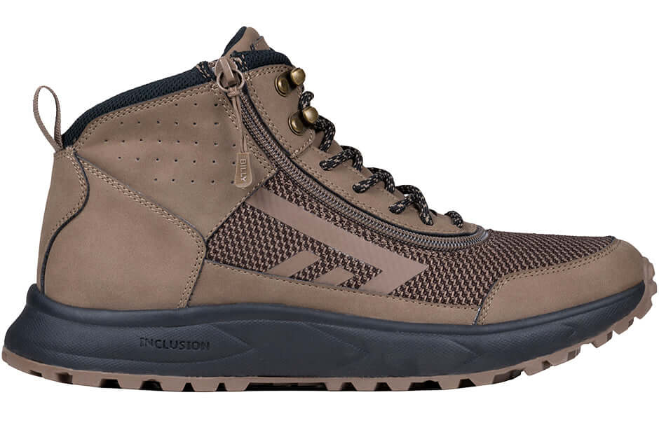 Taupe BILLY Inclusion men's adaptive trail boots with side zipper, ideal for diabetic feet, wide fit, and arthritis