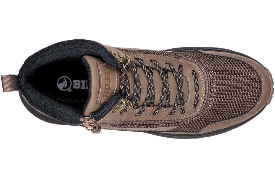 Top view of taupe BILLY Inclusion men's adaptive trail boots with side zipper and padded collar, ideal for arthritis and wide feet