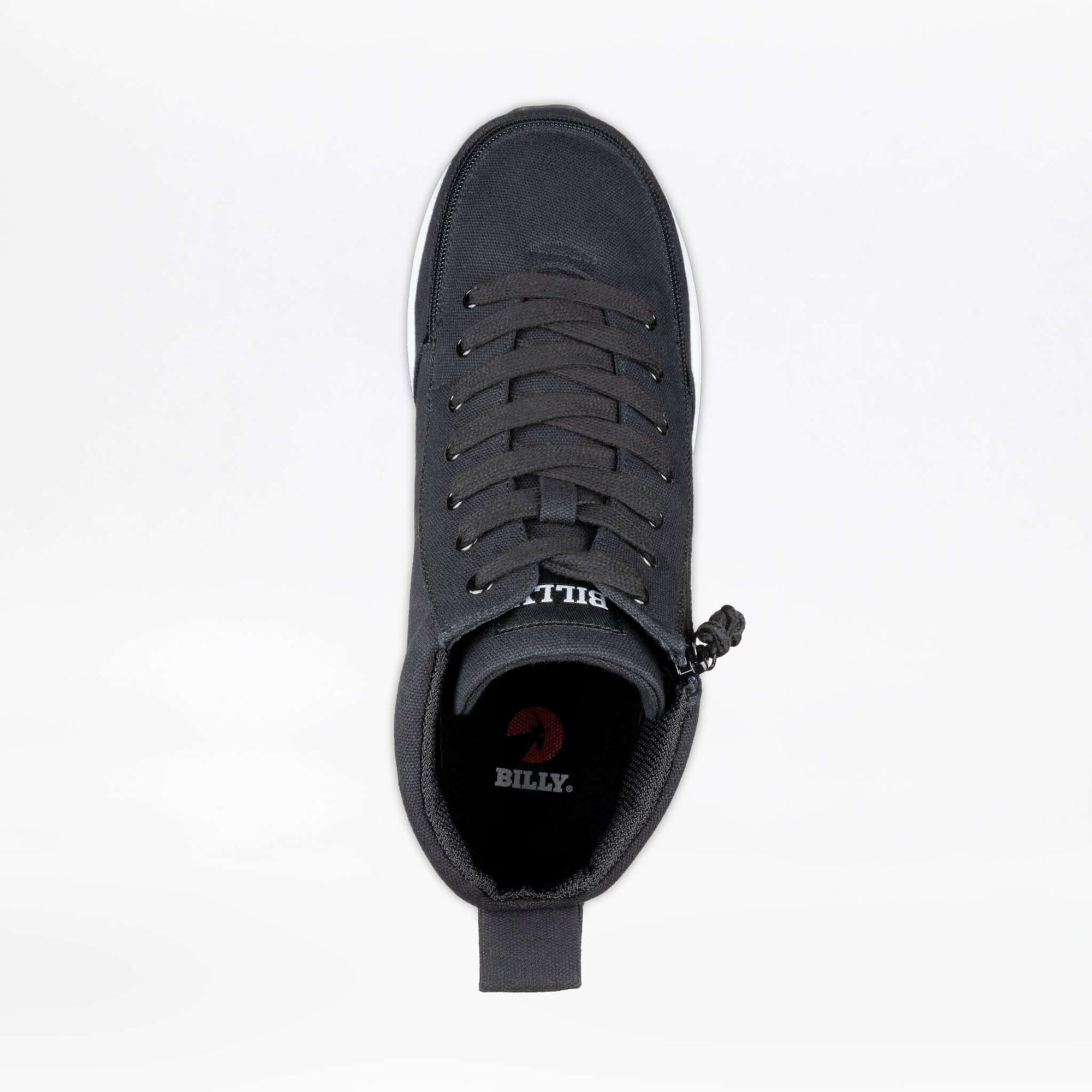 Top view of black BILLY Goat Classic men's AFO-friendly high top shoes with side zipper open, ideal for orthotic accommodation