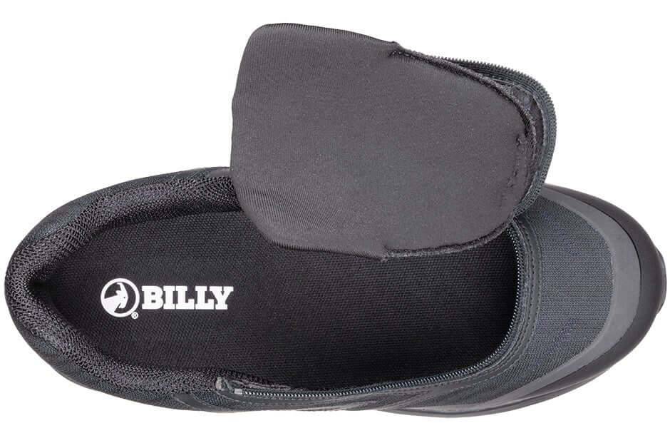 Black BILLY Goat men's AFO-ready shoes with side zipper opened flat for easier access, ideal for orthopedic and wide fit needs