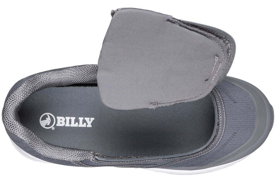 Charcoal BILLY Goat men's AFO-ready shoes with side zipper opened flat for easier access, ideal for AFO brace users