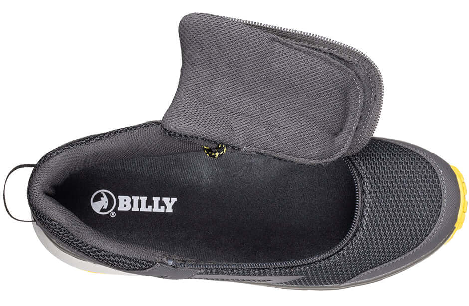 Charcoal/Yellow BILLY Inclusion Trail Sneakers open side zipper view, men's orthopedic sneaker ideal for diabetic feet and arthritis