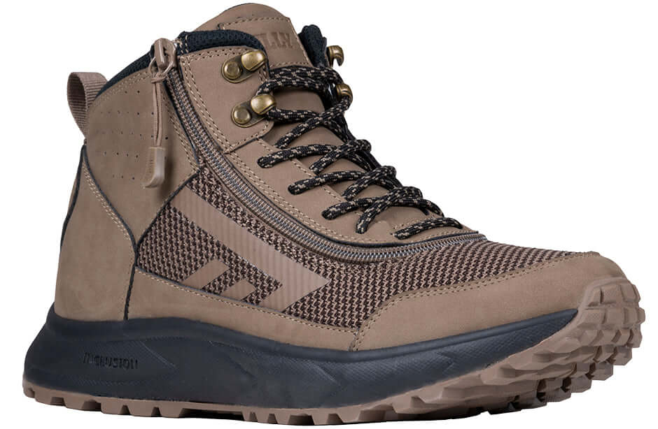 Taupe BILLY Inclusion men's adaptive trail boots with side zipper, ideal for diabetic feet, wide fit, and arthritis
