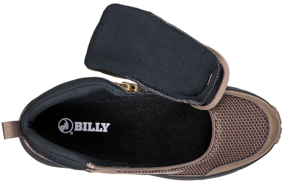 Taupe BILLY Inclusion men's adaptive trail boots opened flat showing side zipper and padded insole, ideal for arthritis and easier access