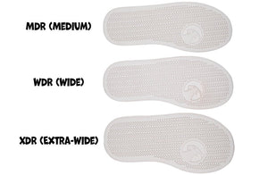 Three shoe sole options demonstrating adaptable widths: MDR (Medium), WDR (Wide), XDR (Extra-Wide) for BILLY High Tops.