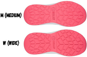 Different sole widths of BILLY Athletic Sneakers showing Medium and Wide options with pink tread pattern